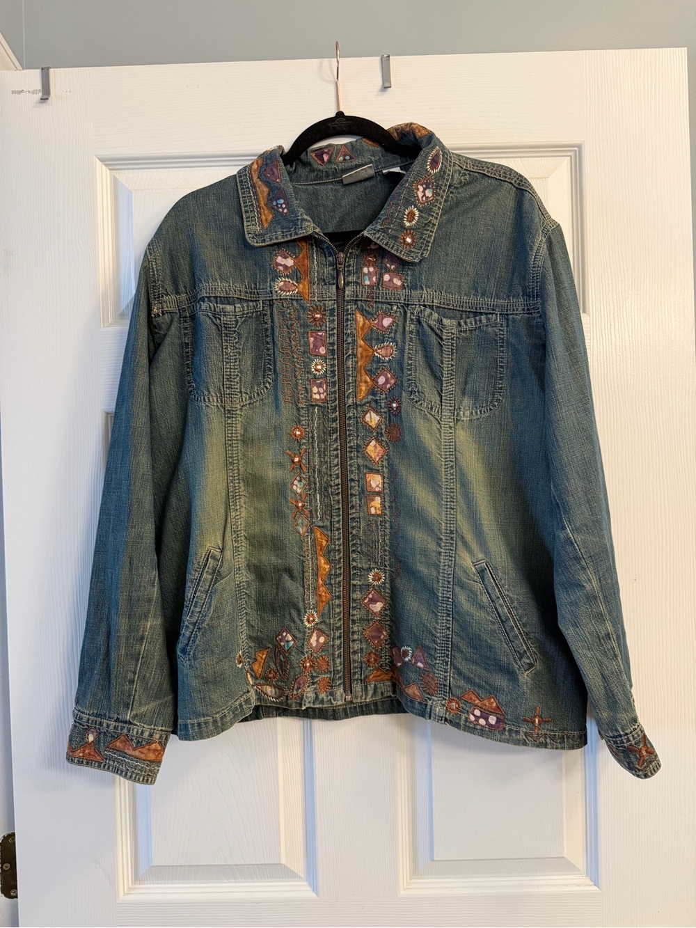 Vintage Chico's Embroidered Southwestern Denim Jacket Zip